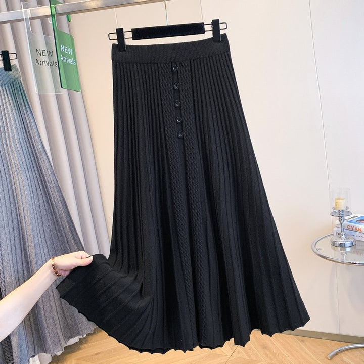 Women's Pleated Maxi Skirt with Button Details and Fine Wave Pattern Mune Fashion