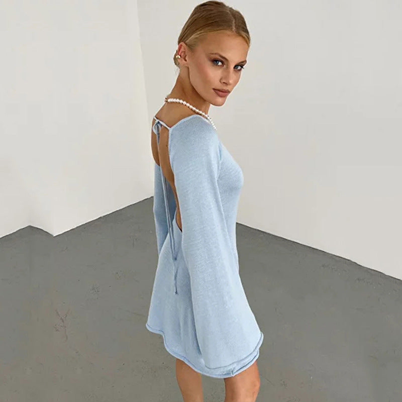Ladies Figure-Hugging Fine Knit Mini Dress with Flared Trumpet Sleeves Mune Fashion