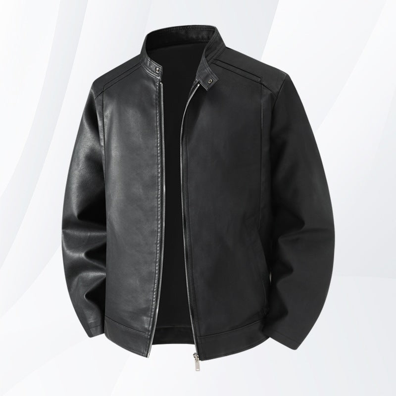 Men's Simple Faux Leather City Jacket with Stand Collar, Two-Way Zipper & Side Pockets Mune Fashion