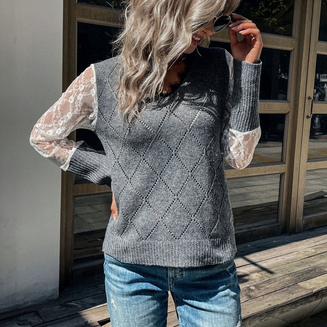 Women's Casual Fine Knit Sweater with Openwork Diamond Pattern, Transparent Lace Sleeves and Ribbed Cuffs Mune Fashion