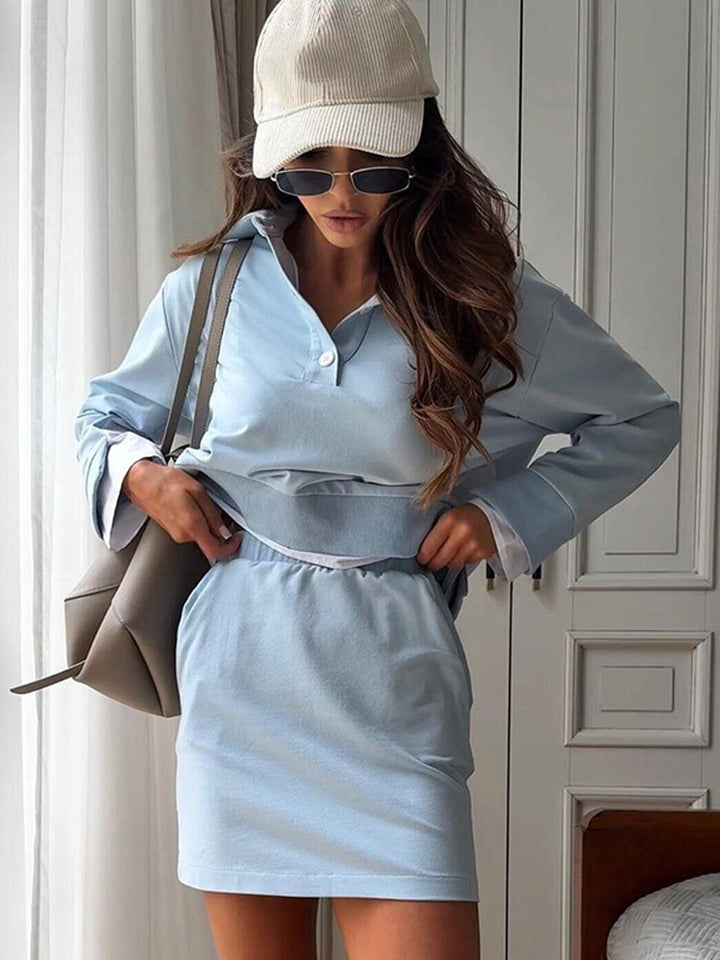 Women's Casual Two-Piece Sweatset with Shirt Collar, Cropped Pullover and High-Waist Bike Shorts Mune Fashion