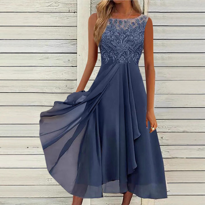 Women's sleeveless chiffon midi dress with embroidered illusion lace, boat neckline, and multilayer flared skirt Mune Fashion