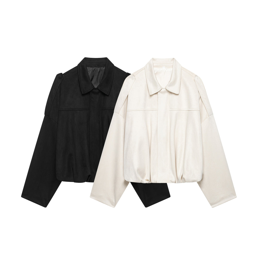 Women's Cropped Boxy Jacket made of velour look with shirt collar, wide raglan sleeves and drawstring Mune Fashion