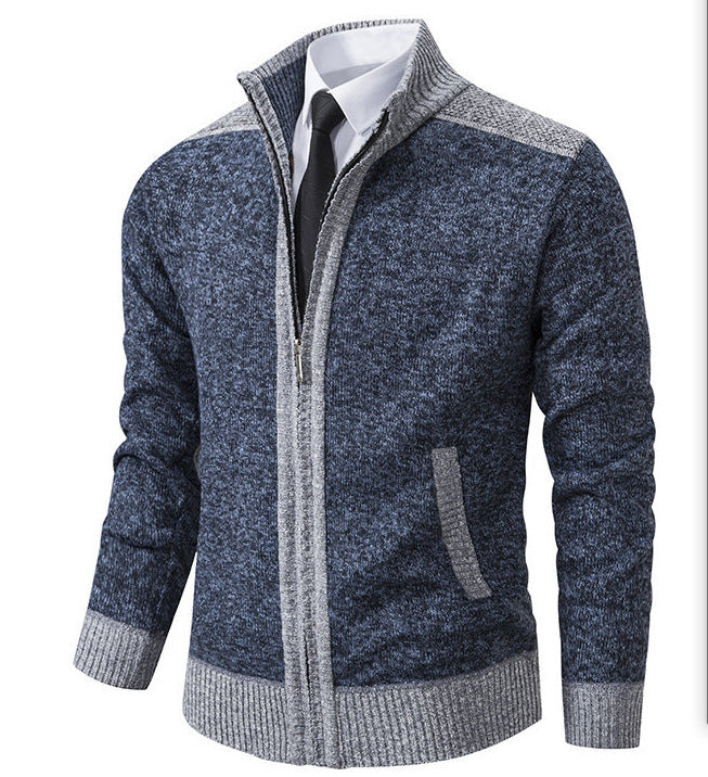 Men's Structured Chunky Knit Zip Cardigan with Stand-up Collar Mune Fashion