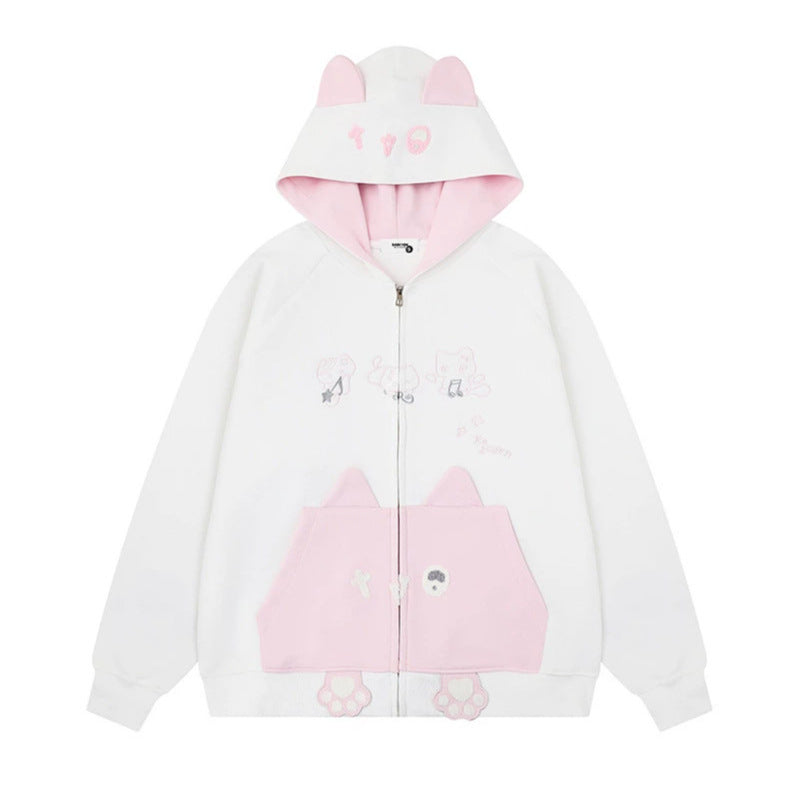 Women's hooded sweatshirt jacket with ears, full-length zipper, kangaroo pocket with paw appliqué and playful embroidery Mune Fashion