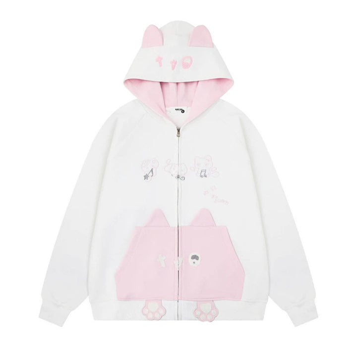 Women's hooded sweatshirt jacket with ears, full-length zipper, kangaroo pocket with paw appliqué and playful embroidery Mune Fashion