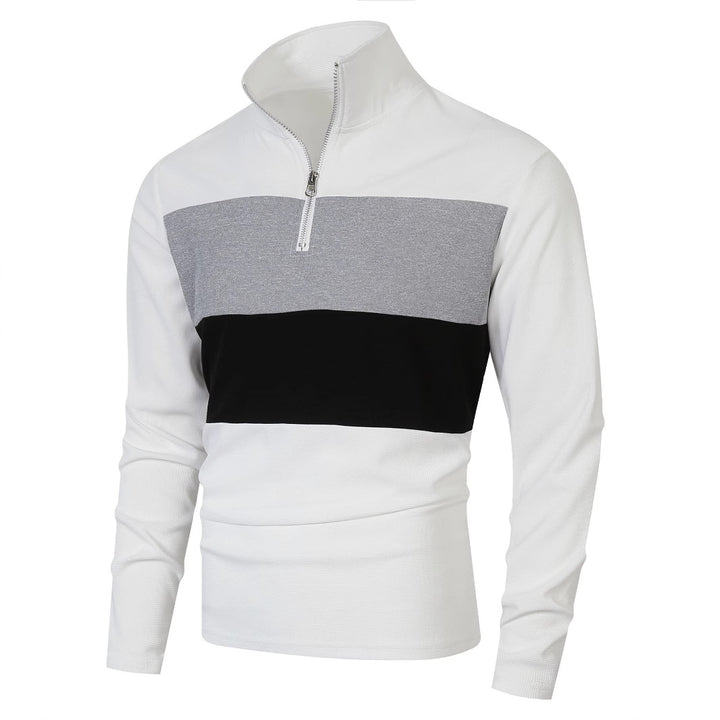 Men's half-zip pullover with stand-up collar, wide block stripe, and finely ribbed texture Mune Fashion