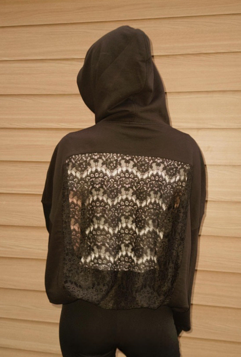 Ladies' oversized hooded sweater with floral lace insert on the back Mune Fashion