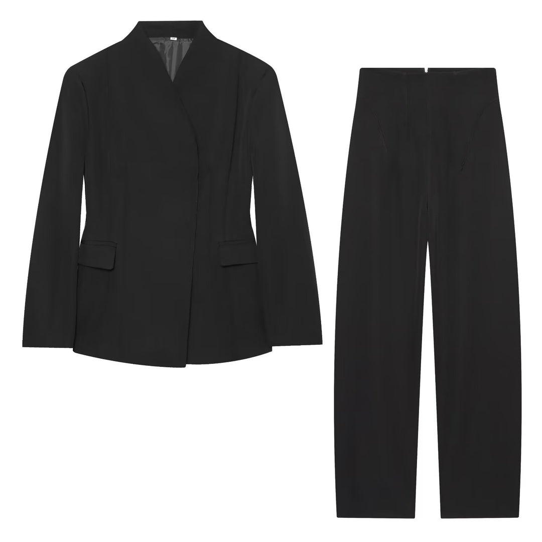 Women's Elegant Two-Piece Suit Set with Blazer without Lapels and High-Waist Wide-Leg Pants Mune Fashion