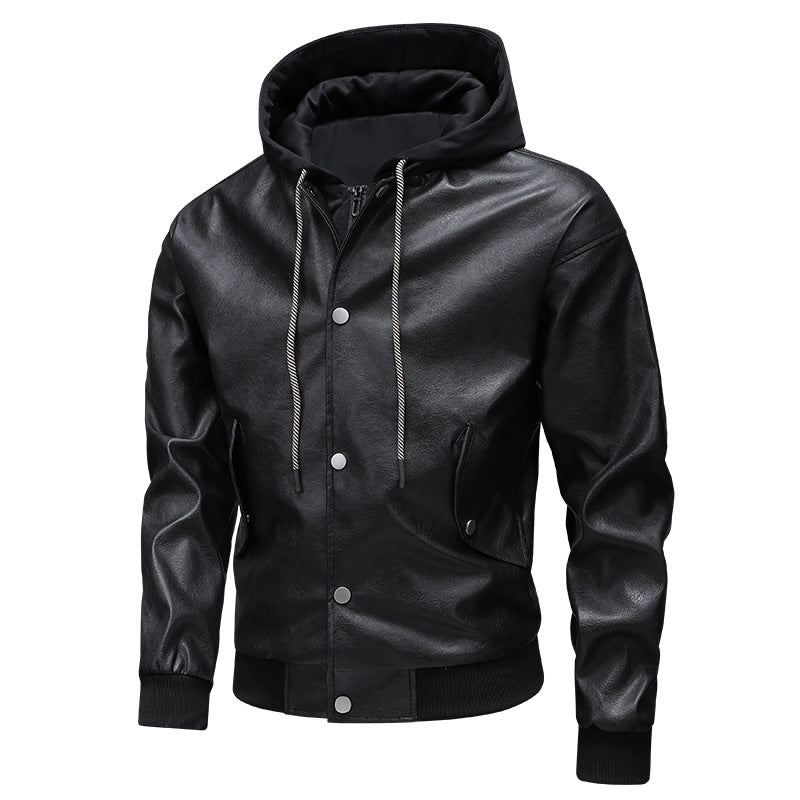 Men's leather bomber jacket with integrated hood insert and ribbed cuffs Mune Fashion