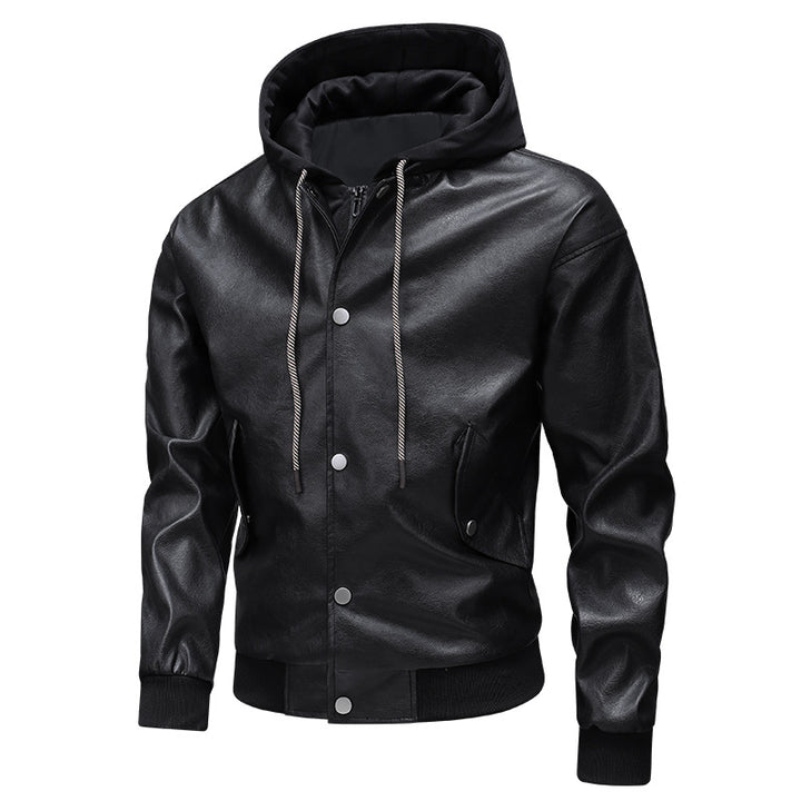 Men's leather bomber jacket with integrated hood insert and ribbed cuffs Mune Fashion