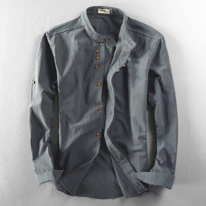 Men's Lightweight Linen Overshirt with Stand Collar and Decorative Button Placket Mune Fashion