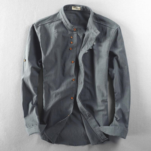 Men's Lightweight Cotton-Linen Overshirt with Stand Collar and Button Placket Detail Mune Fashion