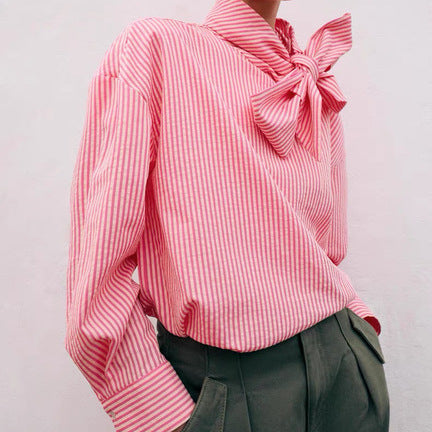Women Striped Pullover Blouse with Bow Collar and Wide Cuffs Mune Fashion