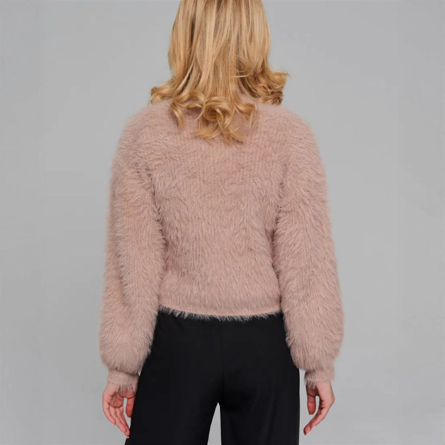 Women's Short Fluffy Faux Fur Cardigan with Open Cut and Raglan Sleeves Mune Fashion