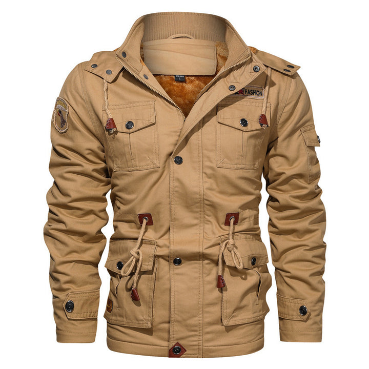 Men's canvas parka in military utility style with teddy fleece lining, drawstring waist, and multifunctional pockets Mune Fashion