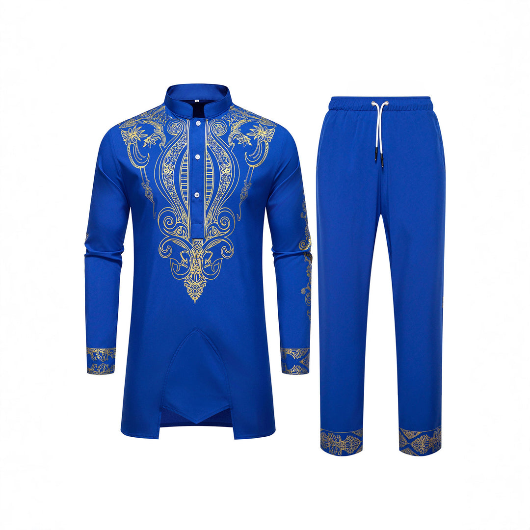 Men's Tunic Suit with Stand Collar and Ornamental Gold Application Mune Fashion