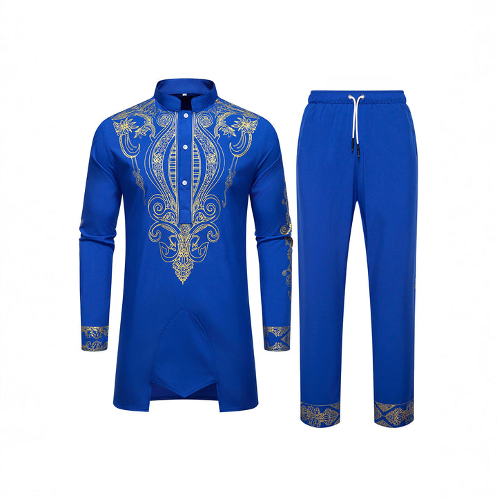 Men's Tunic Suit with Stand Collar and Ornamental Gold Application Mune Fashion