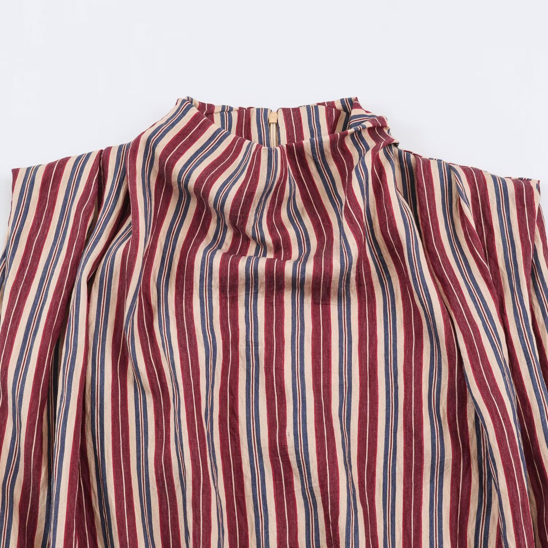 Women's Sleeveless Striped Blouse with Waterfall Collar and Tie Belt Mune Fashion