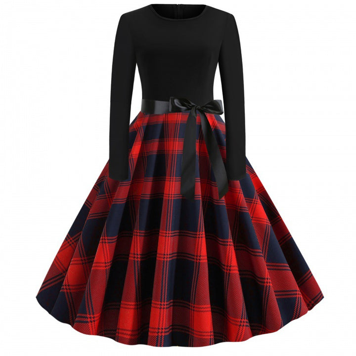 Ladies Vintage Pleated Dress with Checkered Pleated Skirt, fitted Long Sleeve Top and Satin Sash Mune Fashion