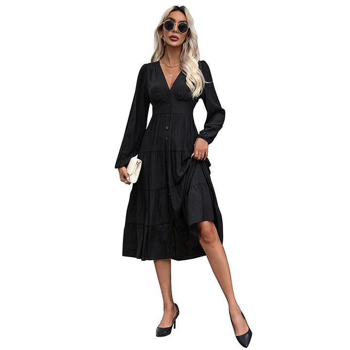 Ladies Long V-Neck Tiered Dress with Continuous Button Placket and Fitted Seam Mune Fashion