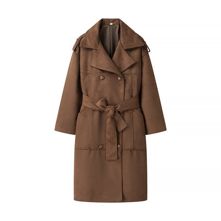 Women Mid-length Oversize Trench Coat made of Suede Look with double-breasted button placket, shoulder epaulets and tie belt Mune Fashion