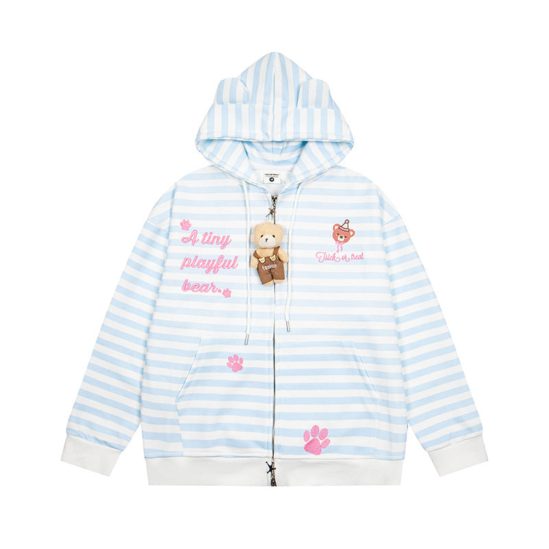 Women's Striped Hooded Sweat Jacket with Teddy Pendant, Ear Hood and Embroidery Detail Mune Fashion