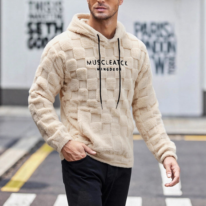 Men's fluffy Sherpa hoodie with square quilting pattern, kangaroo pocket and adjustable hood Mune Fashion