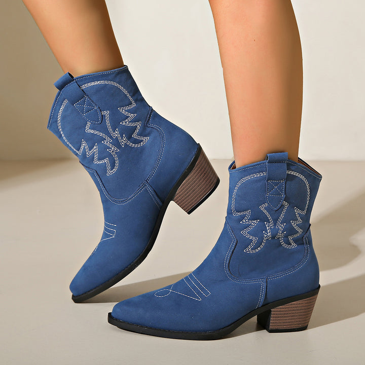 Ladies' short shaft western boot with decorative embroidery, square block heel, and soft suede finish Mune Fashion