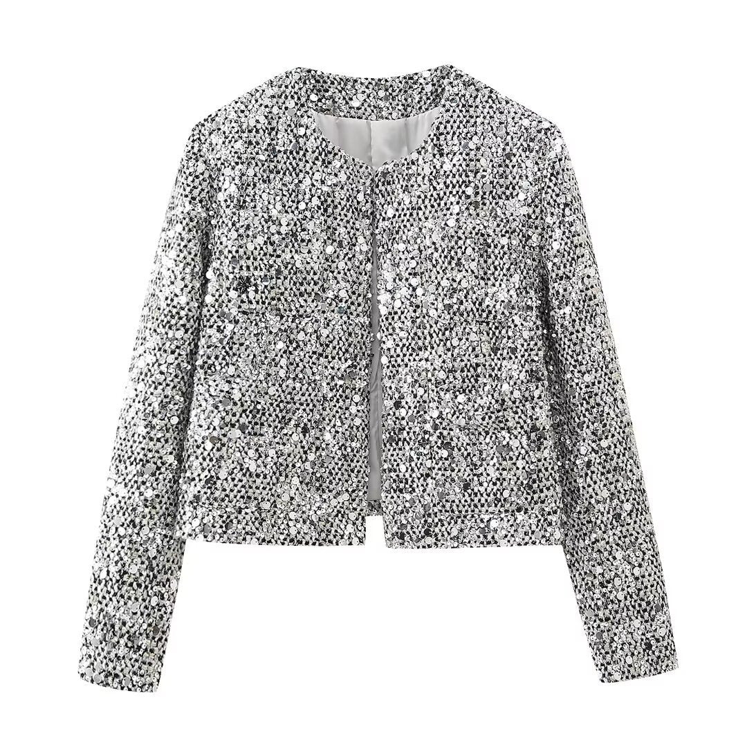 Women’s non-padded boucle short jacket with sequin embellishment, round neckline and open front Mune Fashion
