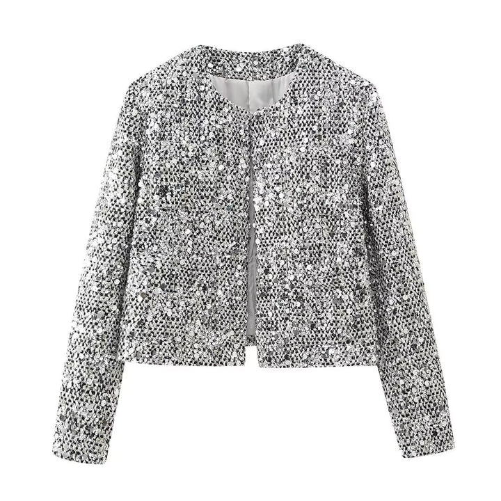 Women’s non-padded boucle short jacket with sequin embellishment, round neckline and open front Mune Fashion