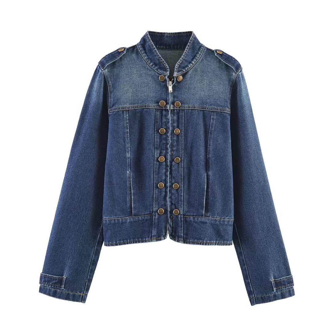 Ladies' denim jacket with stand-up collar, double row snap buttons, and epaulets Mune Fashion