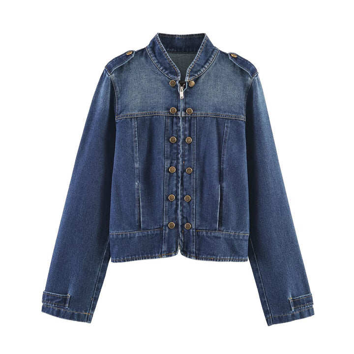 Ladies' denim jacket with stand-up collar, double row snap buttons, and epaulets Mune Fashion