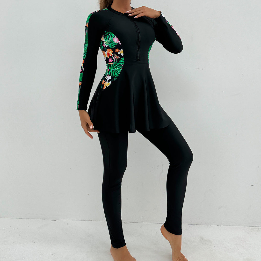Women's Sporty Long Sleeve Swimming Suit with Flattering Skirt Mune Fashion