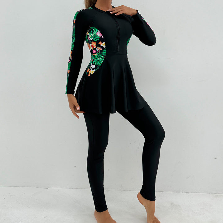 Women's Sporty Long Sleeve Swimming Suit with Flattering Skirt Mune Fashion