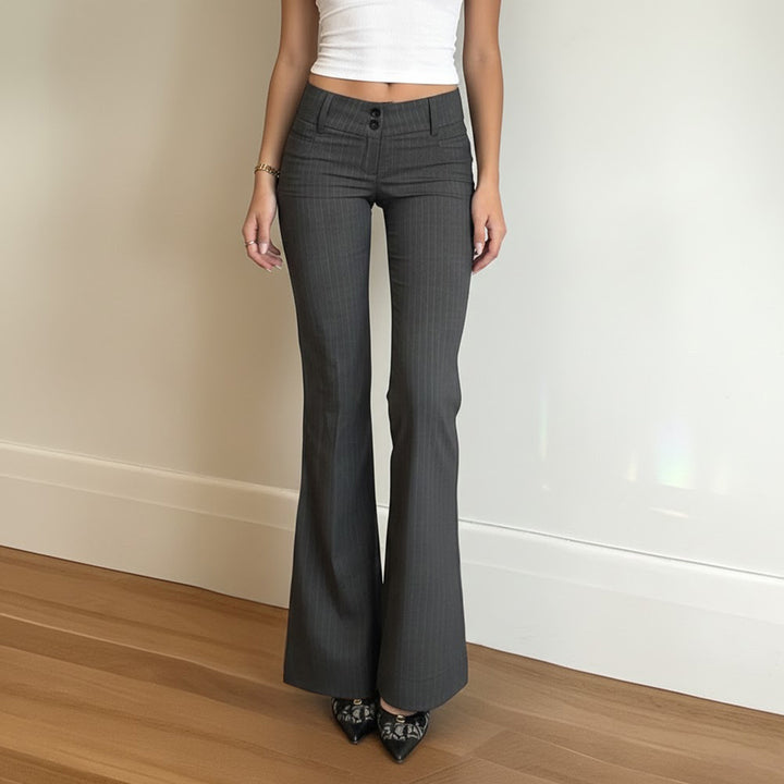 Women High-Waisted Stretch Flared Trousers with Pinstripes and Double Button Mune Fashion