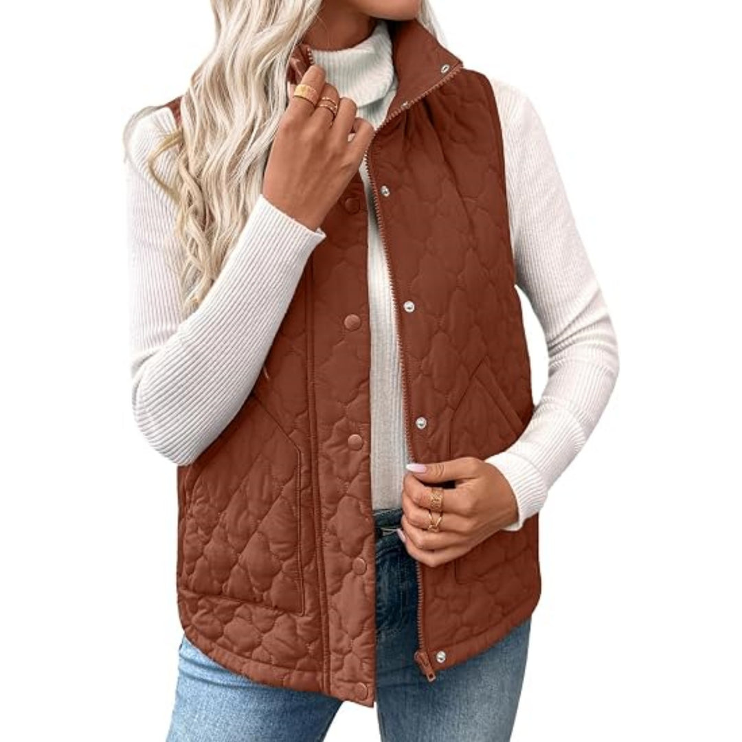 Women's quilted stand collar vest with zipper and snap buttons Mune Fashion
