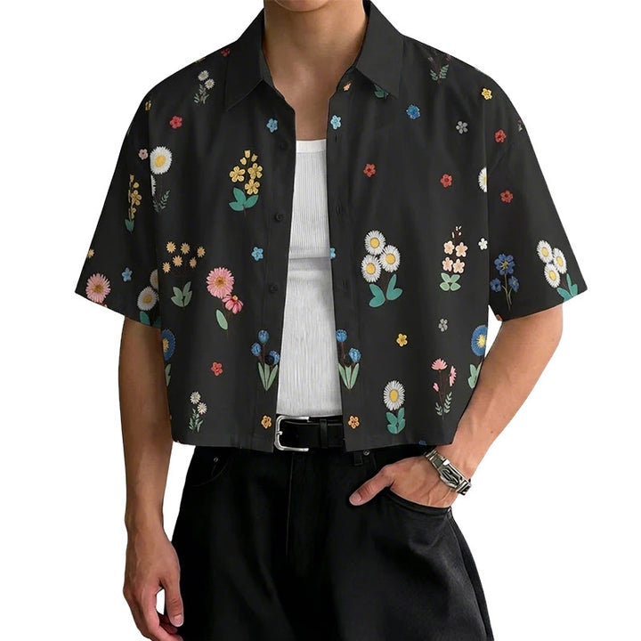 Women's loosely cut short sleeve shirt blouse with floral all-over print, shirt collar and short hem Mune Fashion