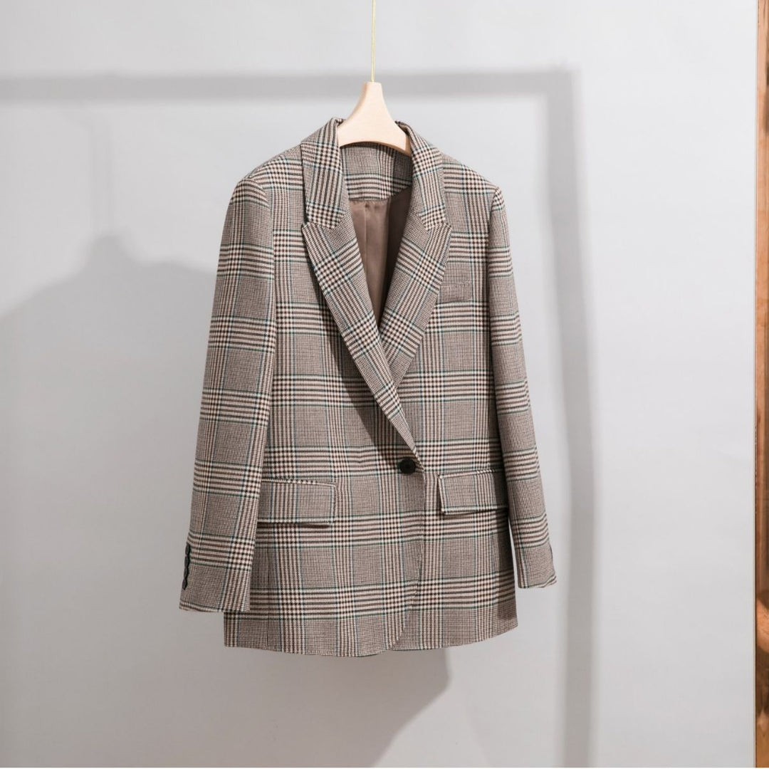 Women's Glencheck Oversize Blazer with Structured Shoulder and Patch Pockets Mune Fashion