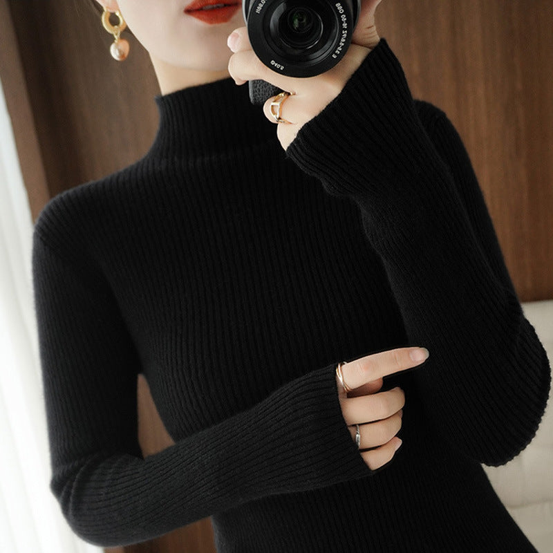 Women's Body-Hugging Ribbed Knit Turtleneck Sweater with Stretch Effect Mune Fashion