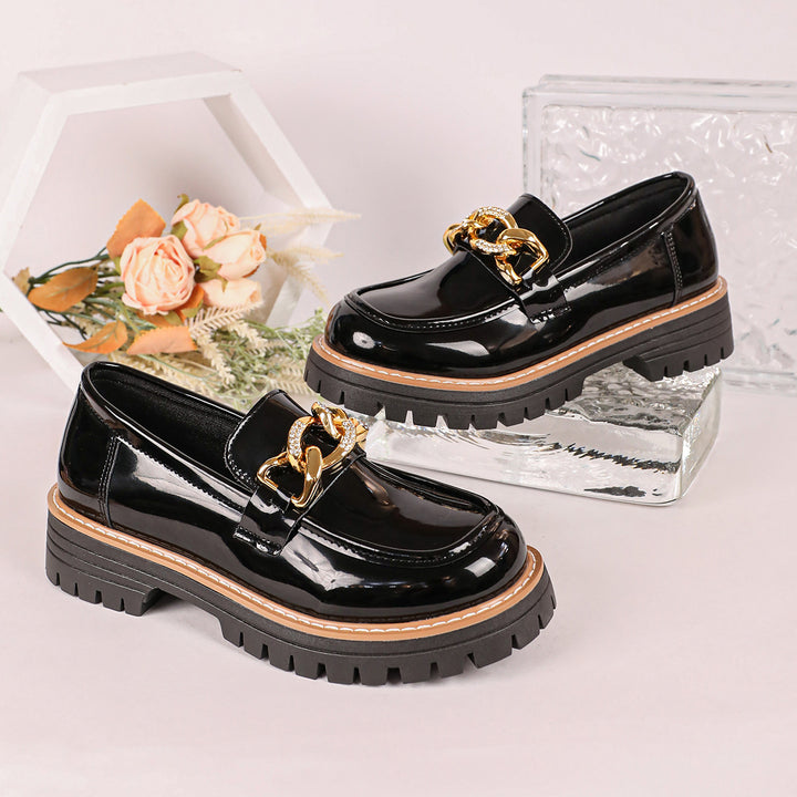 Women's Shiny Slip-On Loafers with Chunky Profile Sole and Decorative Chain Mune Fashion