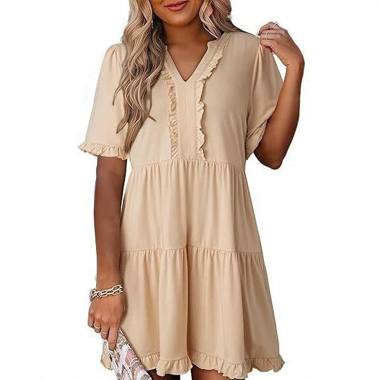Women's lightweight swing dress with V-neck, tiered skirt and delicate ruffles Mune Fashion