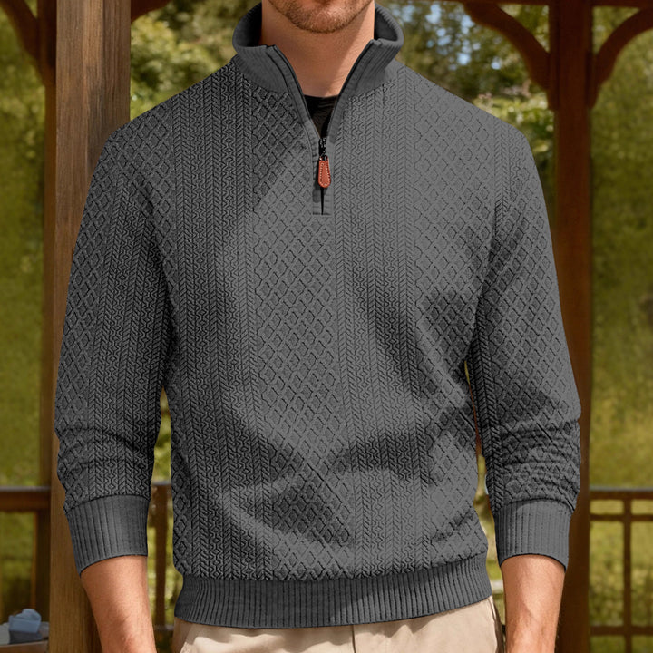 Men's half-zip pullover in fine-structured jacquard relief with high stand-up collar and leather zipper Mune Fashion