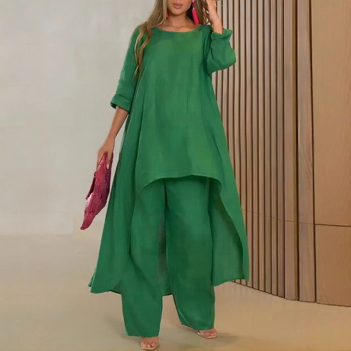 Women's oversized linen two-piece set with asymmetrical tunic and loose Marlene pants Mune Fashion