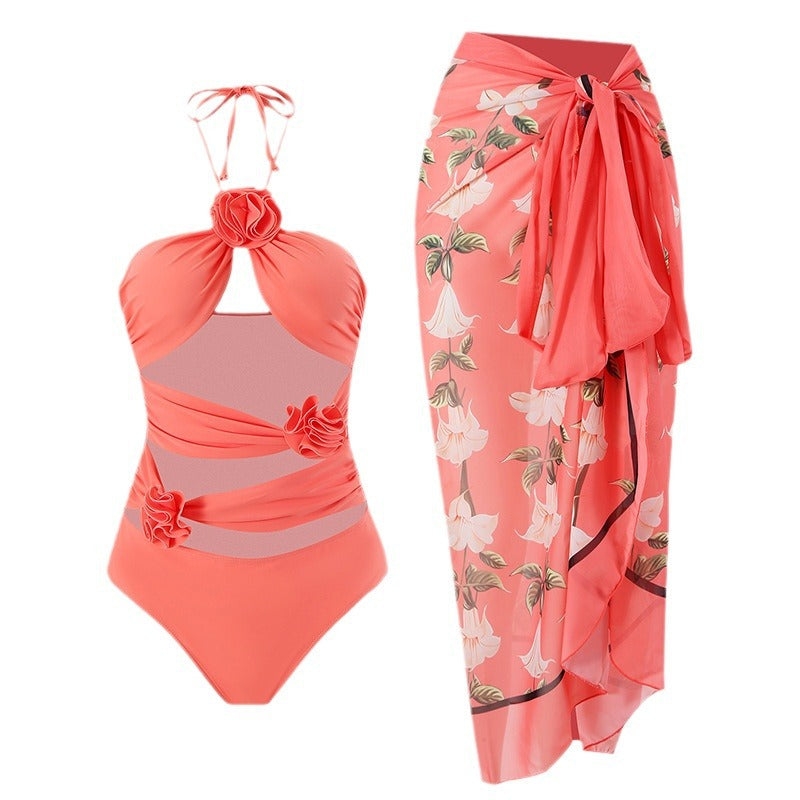 Ladies' one-piece swimsuit with floral details and transparent insert Mune Fashion