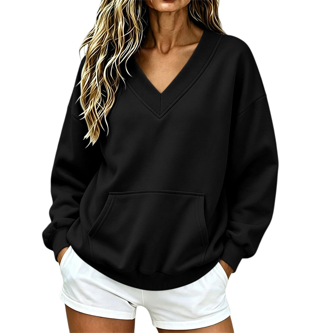 Women Oversize V-Neck Sweatshirt with Kangaroo Pocket and Ribbed Hem Mune Fashion