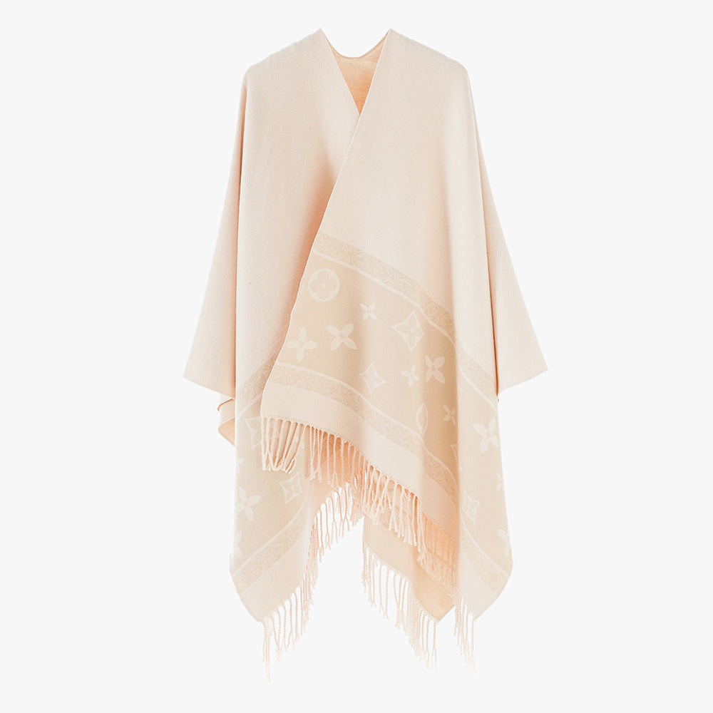 Women's Fringe Cape Poncho in Jacquard Wool Blend with Asymmetrical Pointed Hem Mune Fashion