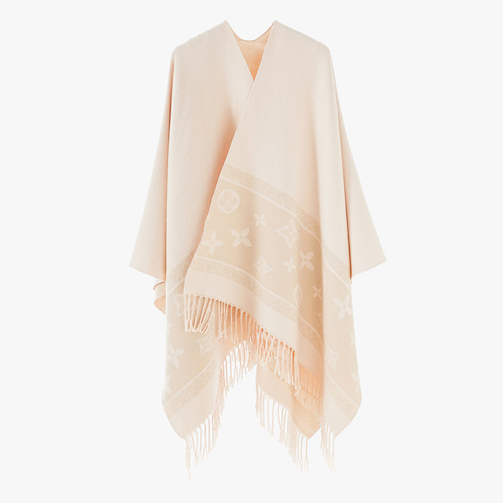 Women's Fringe Cape Poncho in Jacquard Wool Blend with Asymmetrical Pointed Hem Mune Fashion