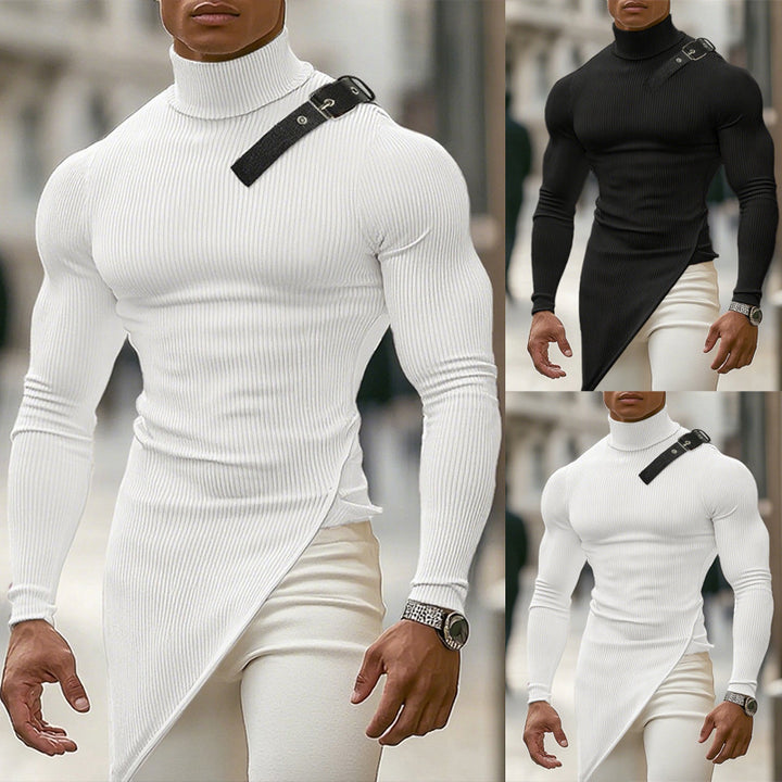 Women's asymmetrical long sleeve top made of fine knit with stand-up collar, diagonal hem, and adjustable shoulder strap Mune Fashion