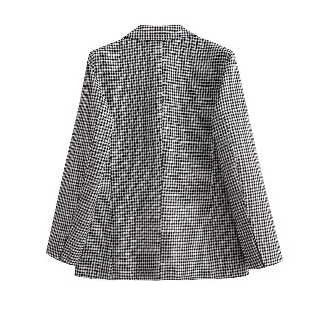 Women tailored houndstooth blazer with lapel collar, pockets, and single-button closure Mune Fashion